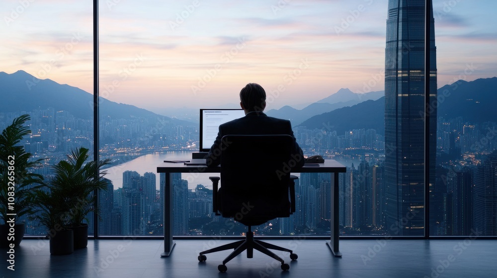 Poster a person working at a computer with a city skyline view.