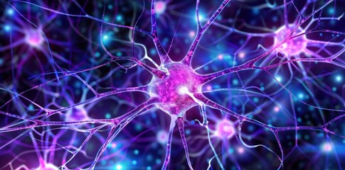 Fototapeta premium Close-up view of intricate neurons radiating purple energy in a striking dark blue backdrop, showcasing realistic details