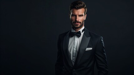 Obraz premium A well-dressed man in a tuxedo, exuding elegance and confidence against a dark background.
