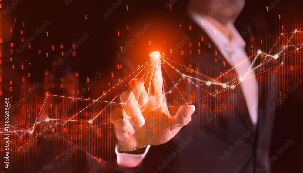 Poster mastering the data: a businessman's hand interacts with a dynamic network of data points, symbolizin