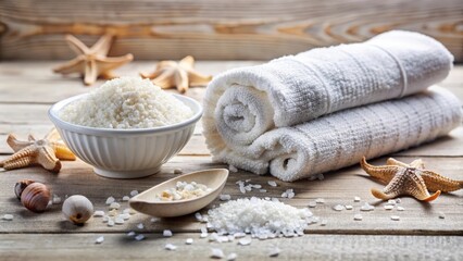 Sea Salt Spa Ritual With Rolled Towels and Starfish on Wooden Surface