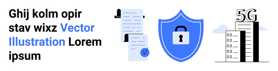 Text elements, detailed documents with checkmark and clips, imposing security shield icon, and tall buildings with 5G connectivity icon. Ideal for technology, security, networking