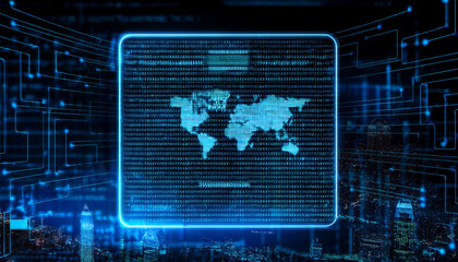 Global Connectivity: A glowing digital map of the world emerges from a futuristic cityscape, symbolizing interconnectedness, communication, and the boundless possibilities of the digital age.  