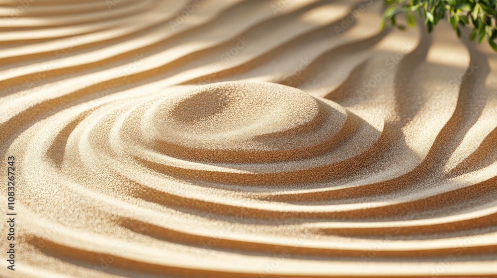 Poster serene sand patterns and gentle curves creating tranquility in nature, evoking calmness and peaceful