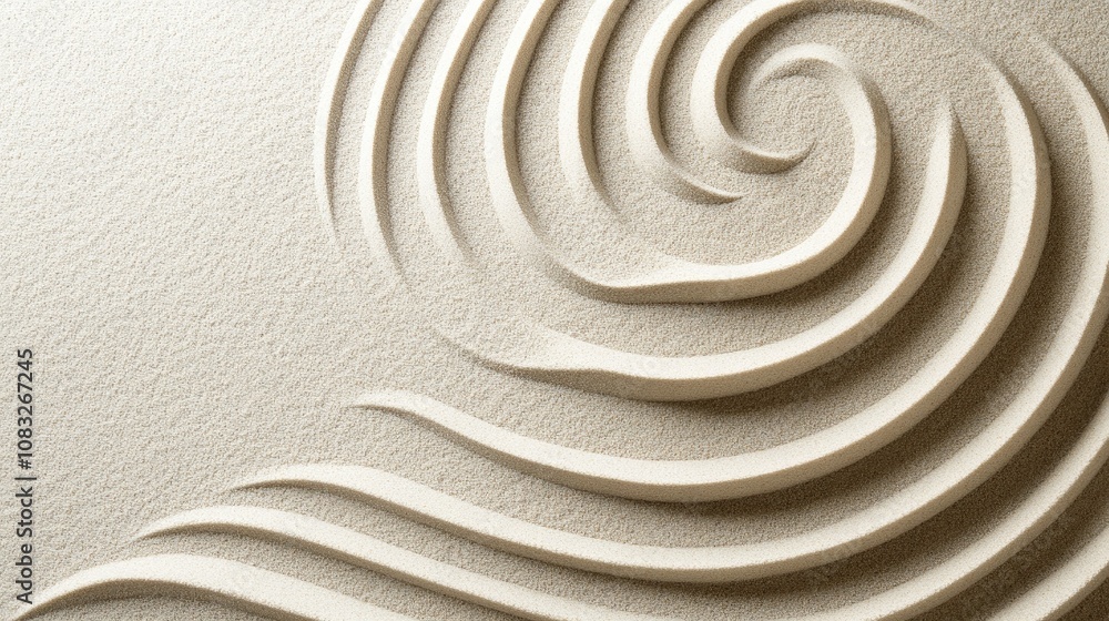Poster abstract wave patterns carved in soft beige sand, showcasing delicate curves and a serene design tha