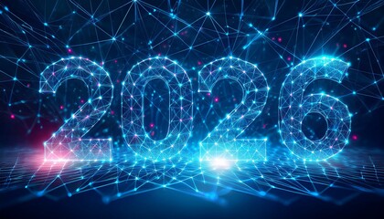Obraz premium 2026: A Digital Dawn: The year 2026 emerges from a swirling network of glowing blue light, symbolizing the dawn of a new era in technology and innovation. 