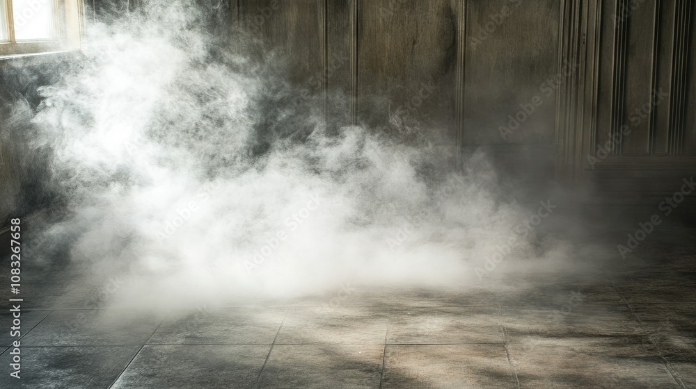 Poster ethereal mist and smoke in an empty room with dramatic light and shadow, perfect for creating myster