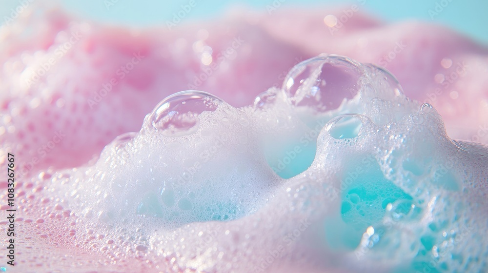 Poster close-up view of colorful soap bubbles with soft pink and blue background creating a gentle, dreamy 
