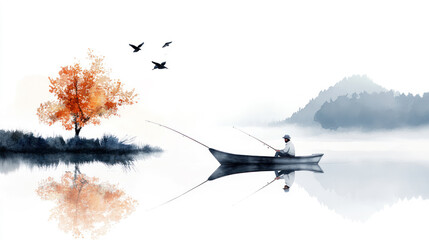 Colorful watercolor painting of a man sitting in a boat and fishing at lake