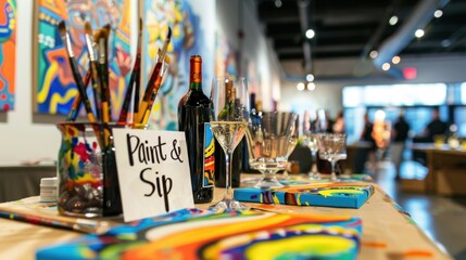 A lively art studio invites guests to enjoy painting and sipping wine while surrounded by vibrant artwork and creative energy