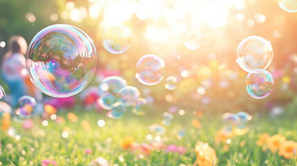 Sunny Day Bubbles:  A magical array of iridescent soap bubbles floats in a sun-drenched meadow, capturing the carefree joy of childhood and the beauty of nature's simple pleasures. 