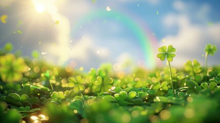 Obraz premium A festive display of lush green clovers under a bright blue sky, enhanced by a shimmering rainbow and soft sunlight for St. Patrick\'s Day