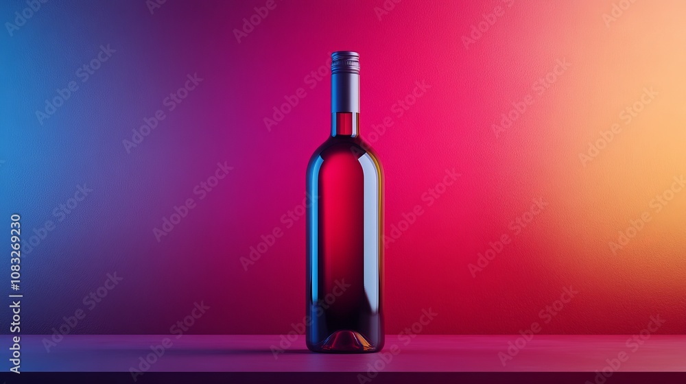 Poster a display of minimalist still life bottles with a vibrant gradient color background, highlighting th