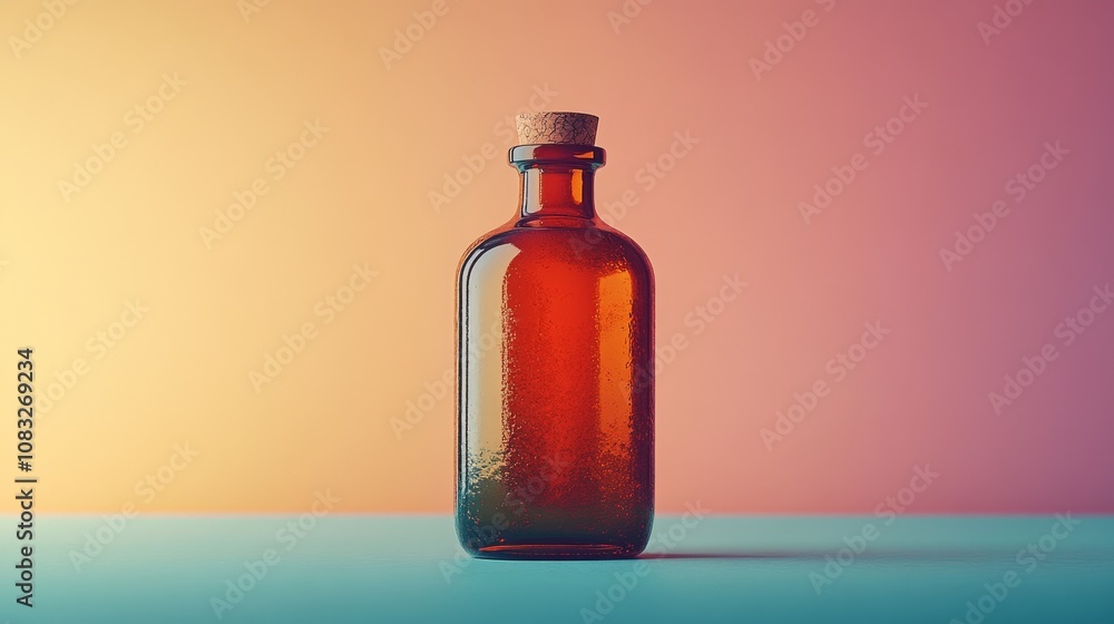 Poster a display of minimalist still life bottles with a vibrant gradient color background, highlighting th