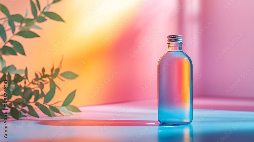 Poster a display of minimalist still life bottles with a vibrant gradient color background, highlighting th