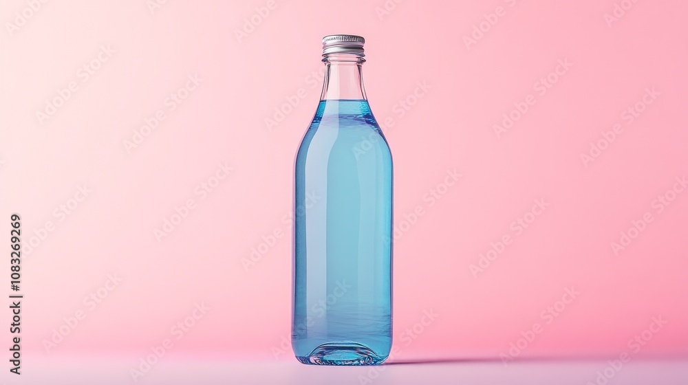 Poster a display of minimalist still life bottles with a vibrant gradient color background, highlighting th