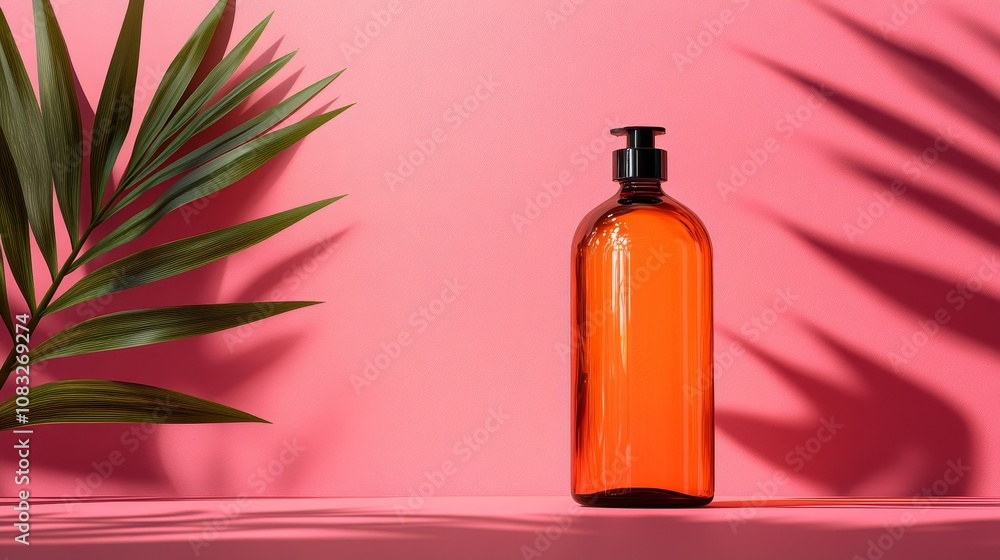 Poster a display of minimalist still life bottles with a vibrant gradient color background, highlighting th