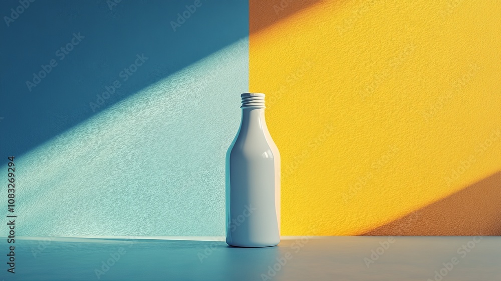 Poster a display of minimalist still life bottles with a vibrant gradient color background, highlighting th