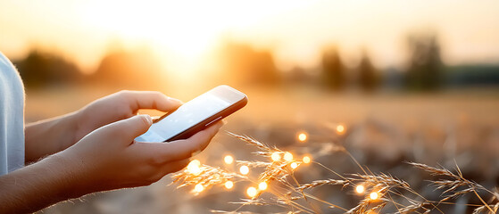 Using mobile technology for digital payments rural area smartphone usage agricultural landscape close-up view cashless economy growth