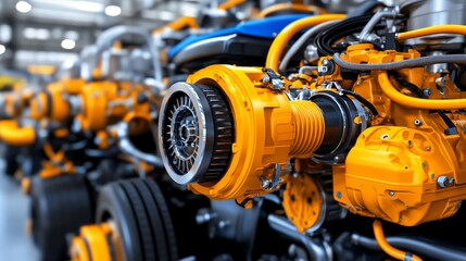 Fototapeta premium Closeup of Industrial Engine with Yellow Housing and Silver Parts