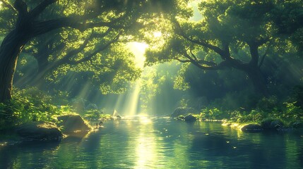Sunlit stream flowing through lush forest nature scenic view tranquil concept