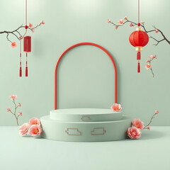 chinese pedestal product stand platform mockup illustration with lantern for lunar new year product sale advertising