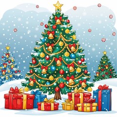 Fototapeta premium A vibrant Christmas tree decorated with colorful ornaments and lights stands amidst a snowy backdrop. Surrounding the tree are numerous beautifully wrapped presents, creating a festive atmosphere.