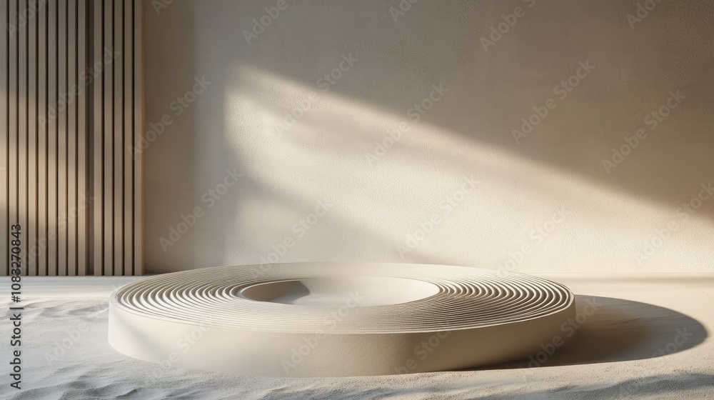 Poster minimalist design featuring a circular white sculpture on a textured surface illuminated by soft nat