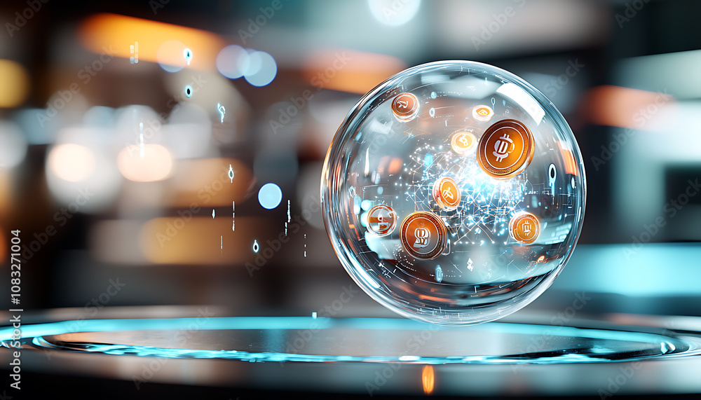 Poster visualizing digital payments a conceptual sphere virtual environment infographic style futuristic pe