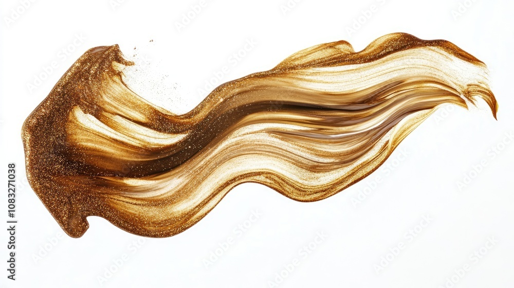 Poster abstract golden brush stroke on a white background creating an elegant wave design, showcasing shimm