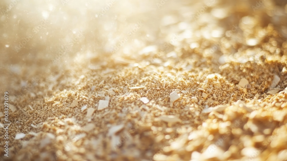 Poster Sunlit Wood Shavings on Ground Creating a Soft Texture and Warm Ambiance in a Natural Workshop Environment with Diffused Light and Dust Particles