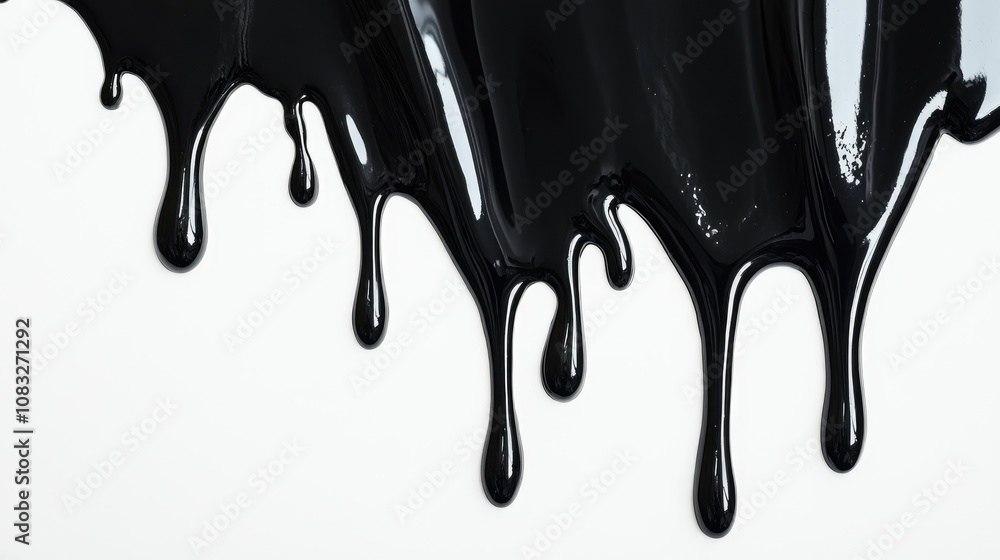 Poster glossy black paint drips down a smooth white surface, creating a striking contrast that highlights t