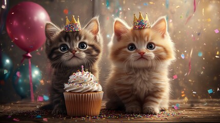 Adorable Kittens Celebrating a Birthday with Cupcakes and Confetti