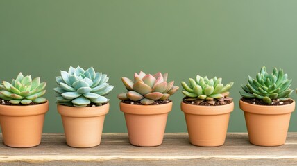 Obraz premium Five colorful succulents in terracotta pots against a green wall.