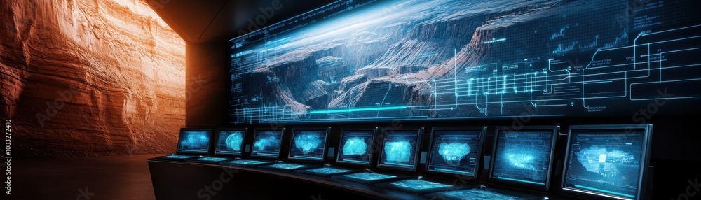 Poster futuristic control room with advanced screens and data displays.