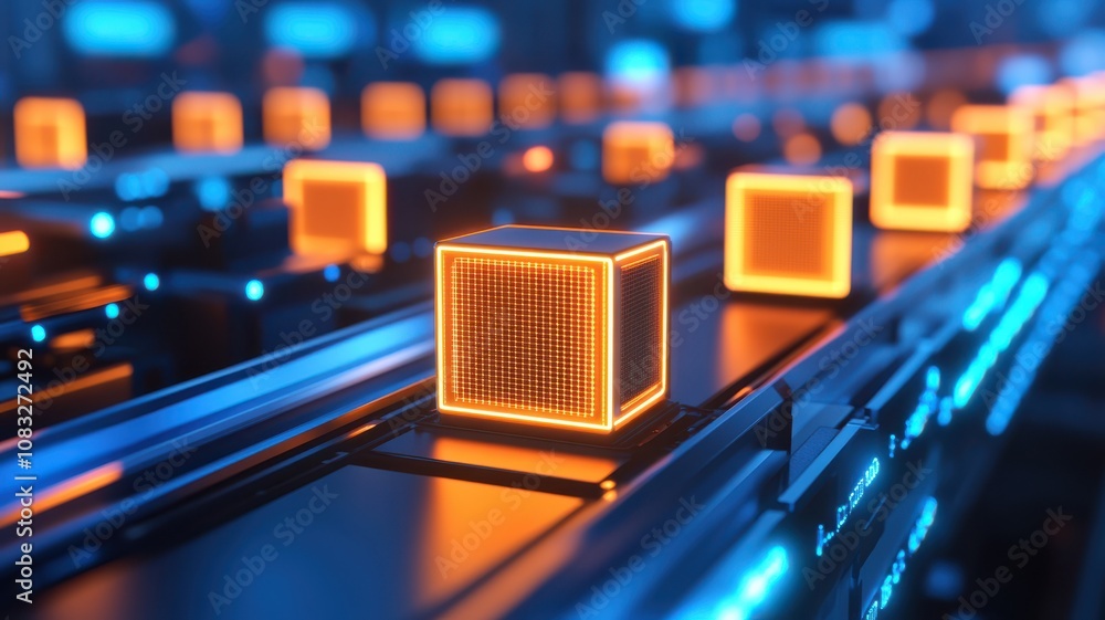 Poster futuristic digital grid with glowing orange cubes in layered pattern.