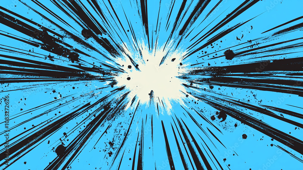 Poster bright explosion graphic with dynamic lines and contrasting colors on a blue background