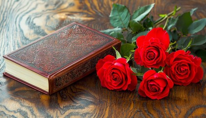 a beautiful diary book on a well-worn wooden table, with a few bright red roses placed delicately next to it. The diary has a soft, velvet cover with gold accents