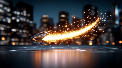 Futuristic Spaceship with Spark Trail Flying Over Cityscape Sci Fi Technology Design