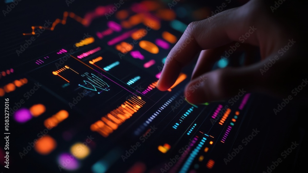 Poster futuristic interface with hand interacting with digital data.