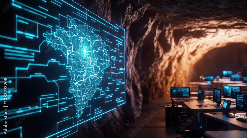 Poster futuristic underground workspace with high-tech computer systems.