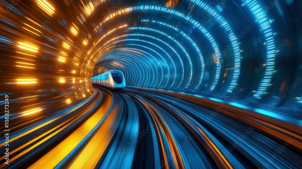 Poster high speed futuristic train soaring through illuminated digital tunnel representing the rapid progre