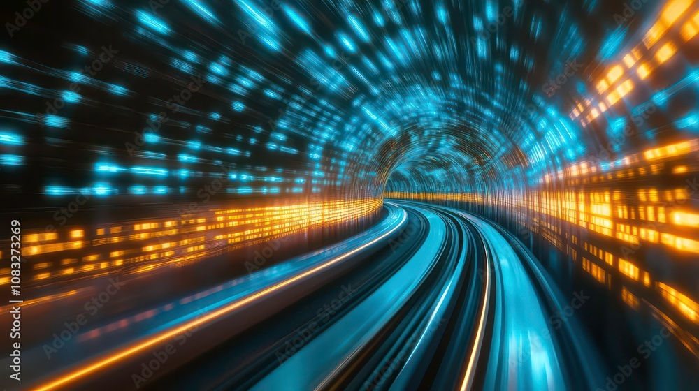 Poster high speed futuristic train soaring through illuminated digital tunnel representing the rapid progre