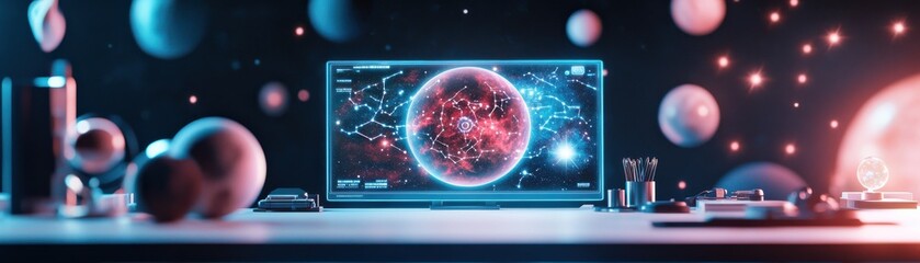 Obraz premium Futuristic workspace with a digital universe on screen.