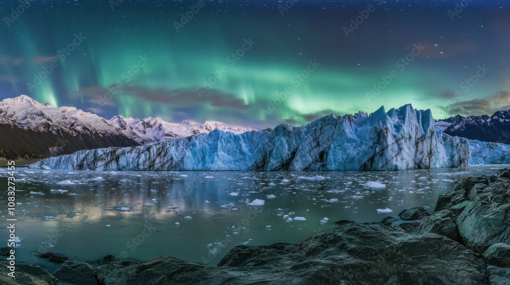 Poster a panoramic view of a massive glacier calving into a fjord under the glow of the aurora borealis, gl