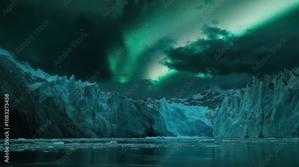 Poster a panoramic view of a massive glacier calving into a fjord under the glow of the aurora borealis, gl