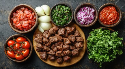 Fototapeta premium A wooden board with cubed cooked meat surrounded by bowls of chopped tomatoes, red onion, parsley, lettuce, and a spicy red sauce.
