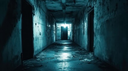Obraz premium Haunting image of an abandoned decrepit industrial corridor with a mysterious doorway casting an ominous glow of light creating a sense of foreboding and suspense The dark