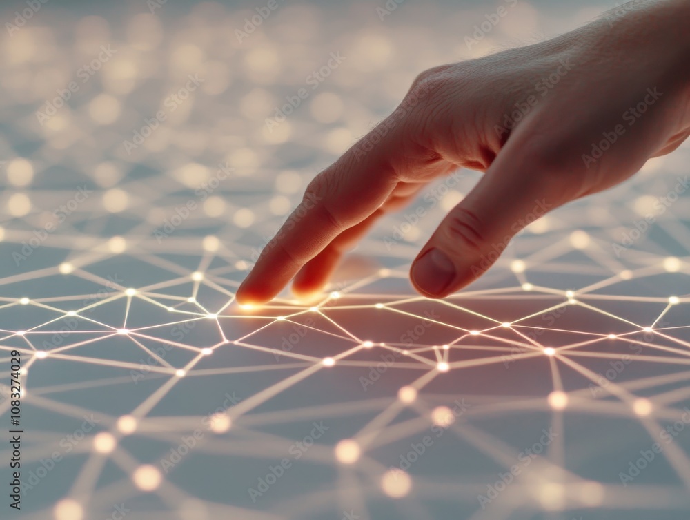 Poster hand interacting with an illuminated digital network grid.