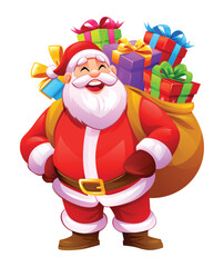 Fototapeta premium Santa Claus with sack of presents, filled with colorful wrapped gifts. Vector cartoon illustration